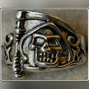 Silver Skull Ring Signet Biker Skull Demon Devil scythe